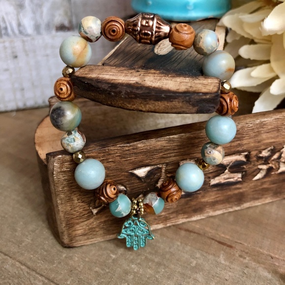 Hamsa Bracelet w/ Matching Earrings African Opal - Picture 6 of 7